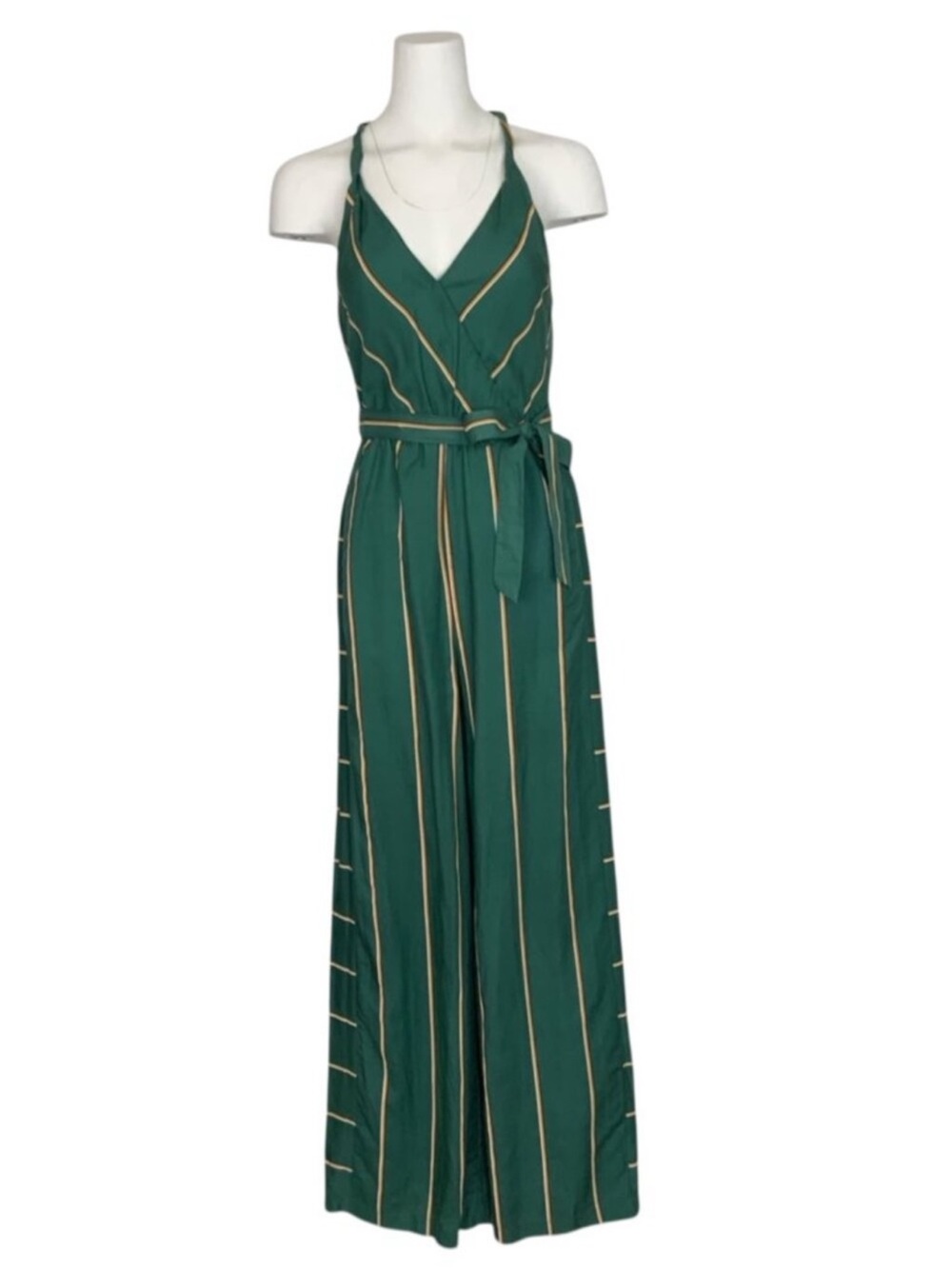 Anthropologie Forest Green Striped Halter Jumpsuit with Waist Tie